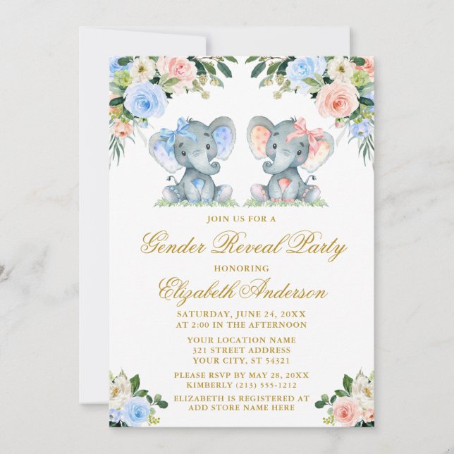 Invitation Révéler le genre bleu rose Floral Baby Elephants B (Devant)