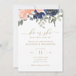 Invitation Révéler le genre Florales rose et bleu Lui ou elle