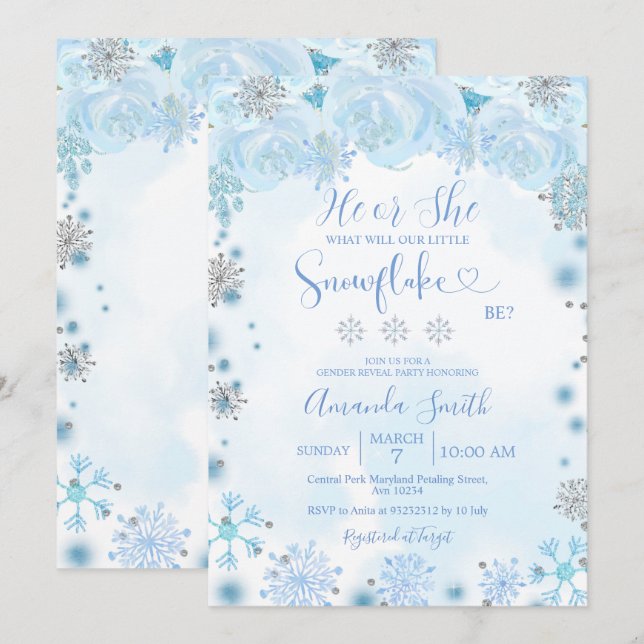 Invitation Révéler le genre Lui ou elle Snowflakes bleu hiver (Devant / Derrière)