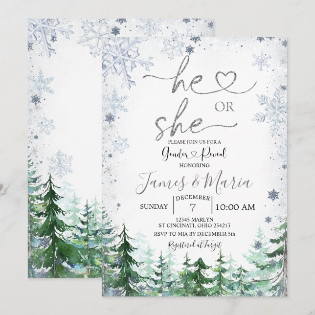 Invitation Révéler le genre Lui ou elle Winter Snowflakes For (Devant / Derrière)