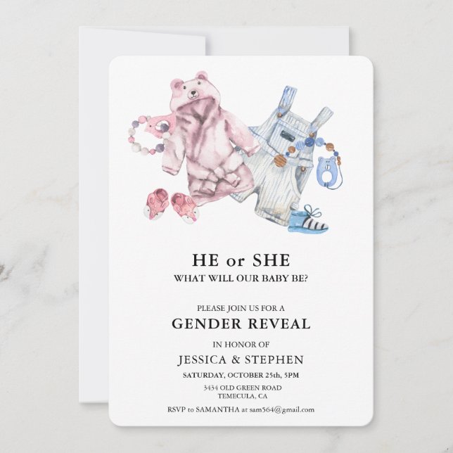 Invitation Révéler le genre Pink Blue Aquarelle Vêtements béb (Devant)