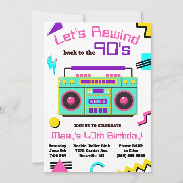 Invitation Revenons à la fête d'anniversaire des années 90 (Devant)