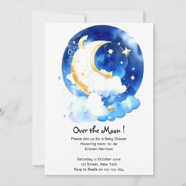 Invitation Rêves galactiques : Baby shower Lune & Étoiles (Devant)
