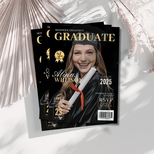 Invitation Revue moderne de noir et d'or graduation photo (Créateur téléchargé)