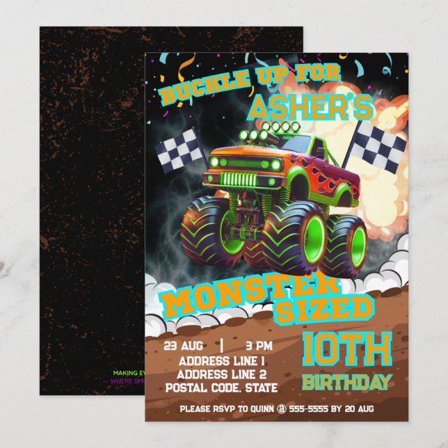 Invitation Revved Up & Ready Roll Monster Truck Anniversaire (Devant / Derrière)