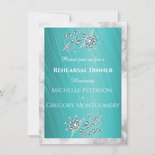 Invitation Rhinestone Turquoise au dîner de répétition Turquo (Devant)