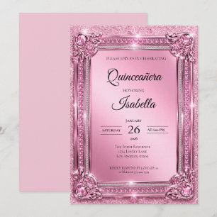 Invitation Rhinestones de luxe Quinceañera rose pailletée