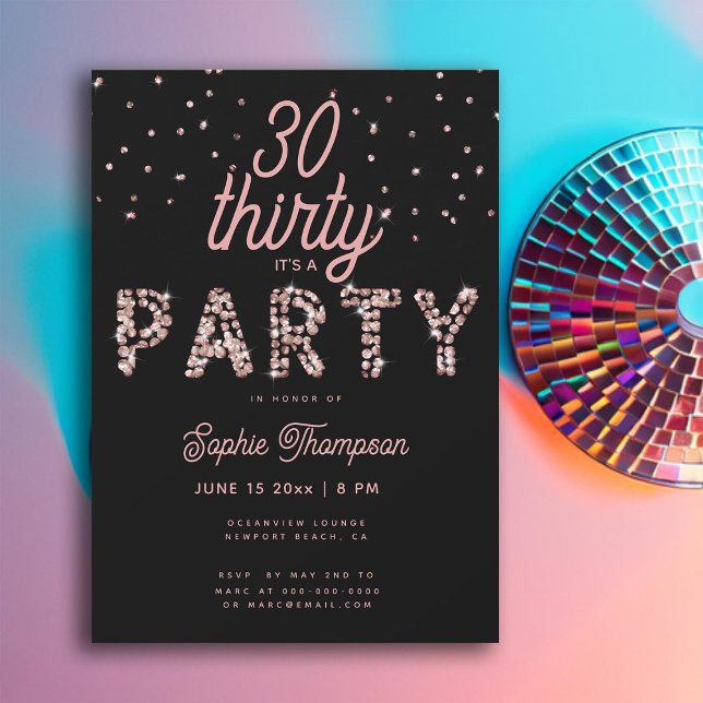 Invitation Rhinestones en verre rose Calligraphie 30e anniver (So Pink Rhinestones Calligraphy 30th Birthday Invite for Women Black Classy Modern Elegant Chic)