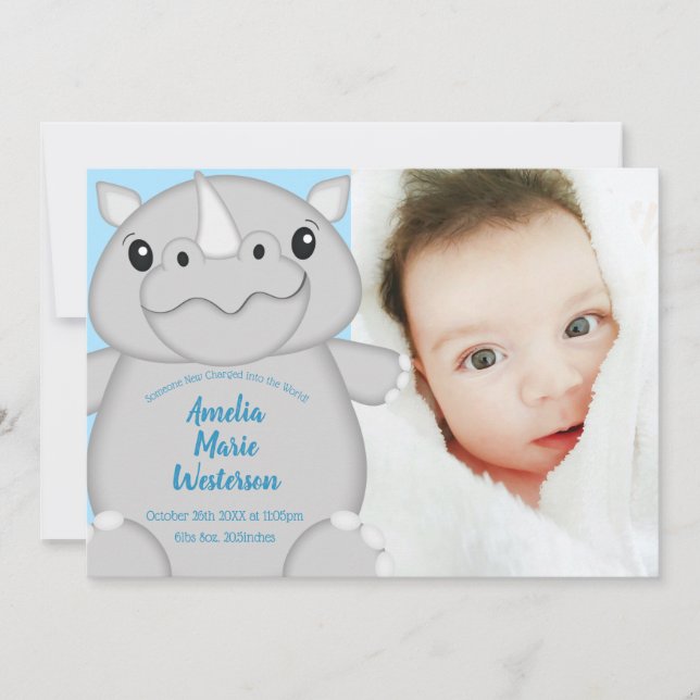 Invitation Rhino Baby shower Safari bleu (Devant)