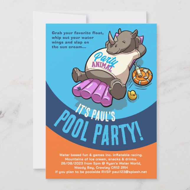 Invitation Rhino Relaxant Sur Un Dessin De Piscine Inflatable (Devant)