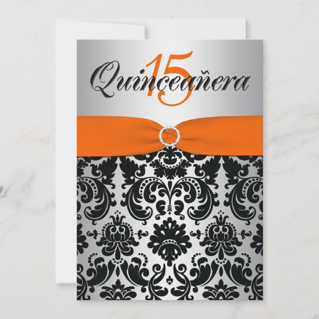 Invitation RIBBON ARGENT ARGENT Noir Quinceanera IMPRIMÉ (Devant)