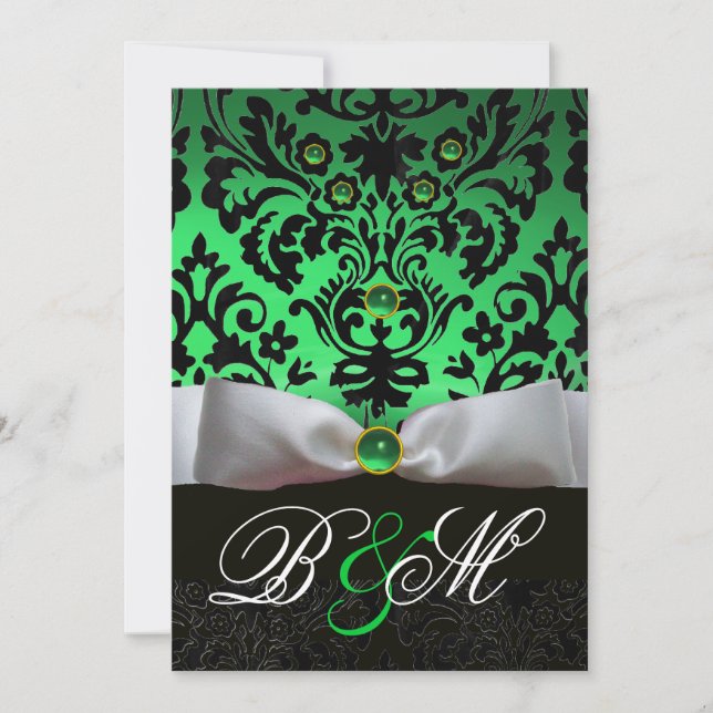 INVITATION RIBBON BLANC EMERALD VERT BLACK DAMASK MONOGRAM (Devant)