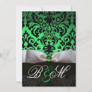 INVITATION RIBBON BLANC EMERALD VERT BLACK DAMASK MONOGRAM