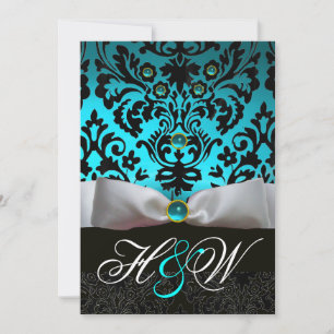 INVITATION RIBBON BLANC TURQUOISE AQUA BLEU BLEU BLACK DAMASK