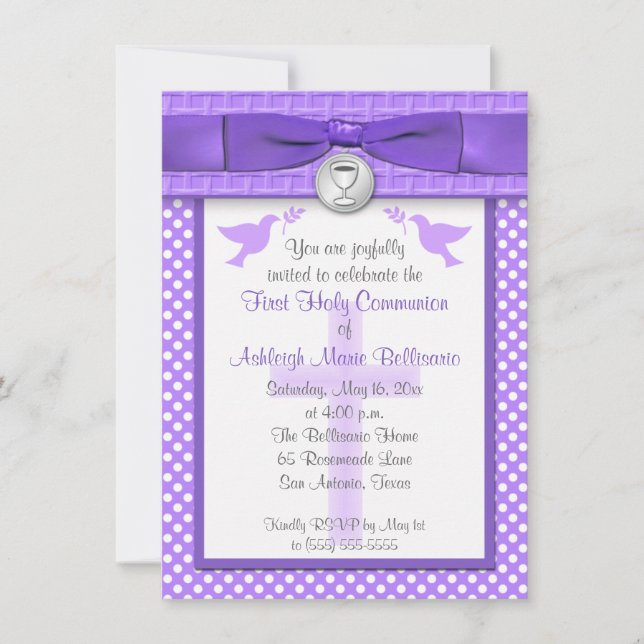 Invitation RIBBON IMPRIMÉ Première communion sainte Invitatio (Devant)