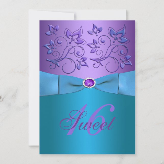Invitation RIBBON IMPRIMÉ Sucré Floral pourpre et turquoise 1 (Devant)