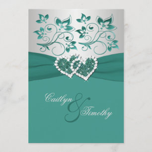 Invitation RIBBON IMPRIMÉ Turquoise Argent Rejoint Coeurs Inv