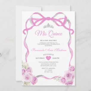 Invitation Ribbon rose floral doux fille en argent Mis Quince