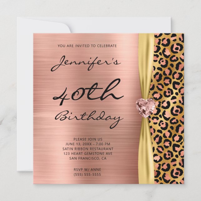 Invitation Ribbon rose Gold Leopard Foil Gem 40e anniversaire (Devant)