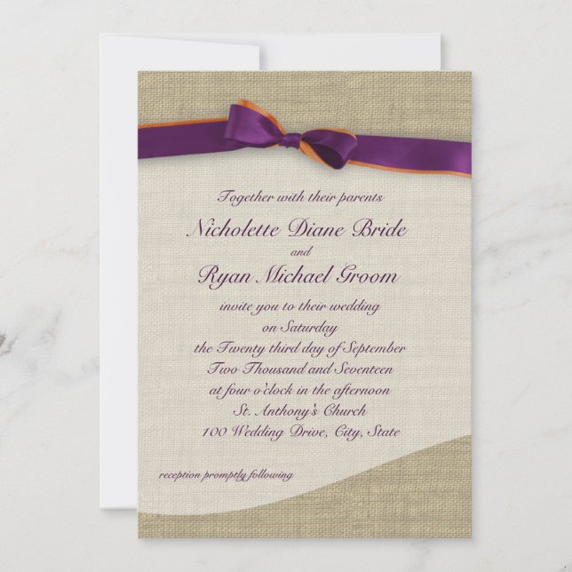 Invitation Ribbon violet orange et Mariage Burlap (Devant)