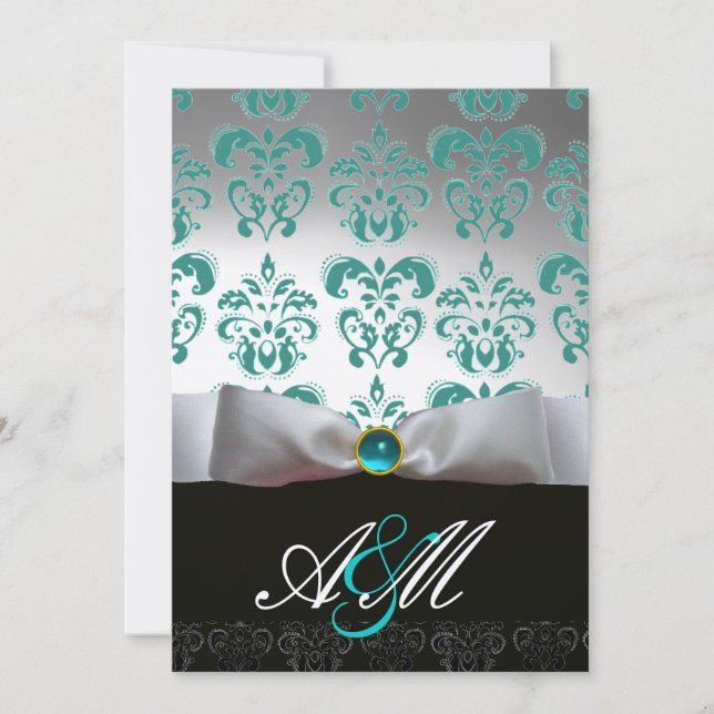 Invitation RIBON BLANC BLEU & NOIR DAMASK MONOGRAM Or (Devant)
