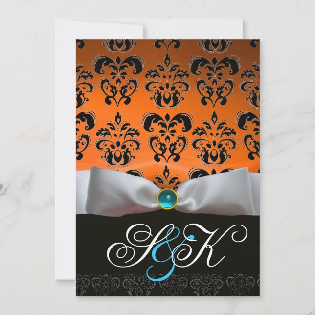 INVITATION RIBON BLANC ORANGE BLEU BLEU BLACK DAMASK MONOGRAM (Devant)