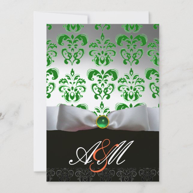 Invitation RIBON BLANC VERT & NOIR DAMASK MONOGRAM Or (Devant)