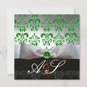 Invitation RIBON BLANC VERT & NOIR DAMASK MONOGRAM Or