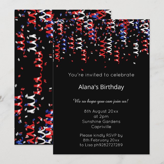 INVITATION RIBONS PATRIOTIQUES NOIR BLEU ROUGE ANNIVERSAIRE (Devant / Derrière)