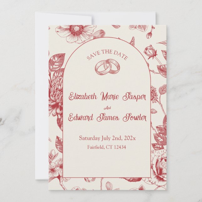 Invitation Riche Rouge Français Floral Toile Floral Sauvez la (Devant)