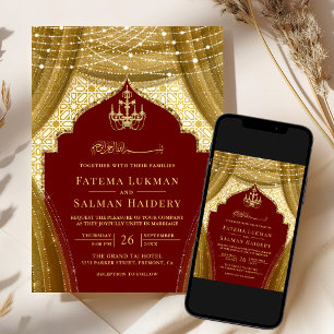 Invitation Rideau de lustre d'or Mariage musulman rouge