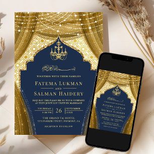 Invitation Rideau de lustre d'or Marine bleu Mariage musulman