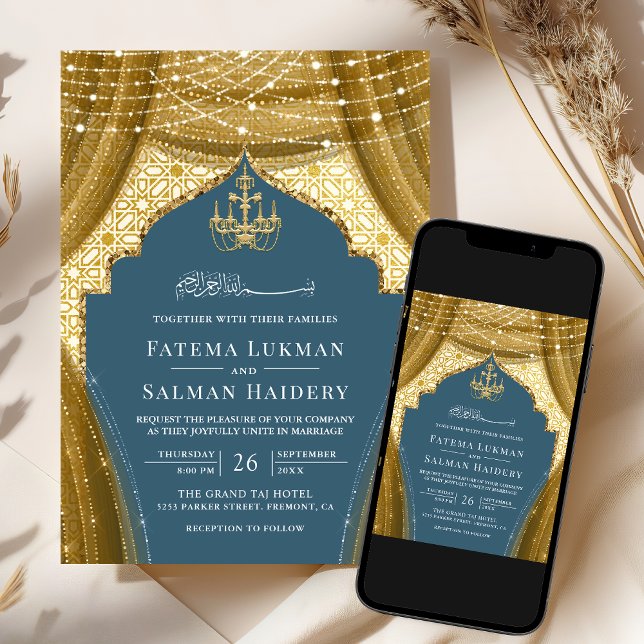 Invitation Rideau de lustre or Dusty bleu Mariage musulman (Créateur téléchargé)