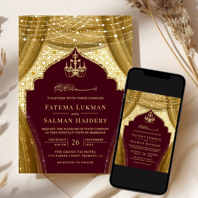 Invitation Rideau de lustre or Mariage musulman bourgogne (Créateur téléchargé)
