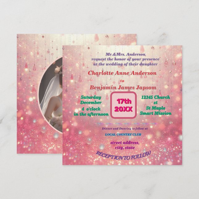 Invitation Rideau de perle rose violet Faux Parties scintilla (Devant / Derrière)