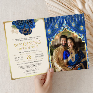 Invitation Rideau floral bleu or mariage indien hindou