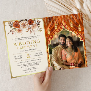 Invitation Rideau floral orange brûlé Mariage indien hindou