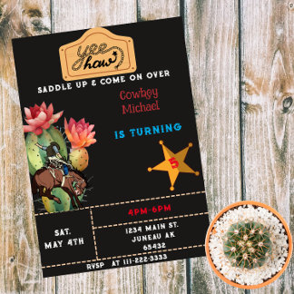 Invitation Riding Cowboy Western Cactus Anniversaire