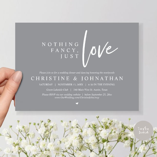 Invitation Rien De Chic, Juste Amour, Dîner Mariage Elopement (Nothing Fancy, Just Love, Wedding Elopement Dinner Invitation Card, PDF, in Grey)