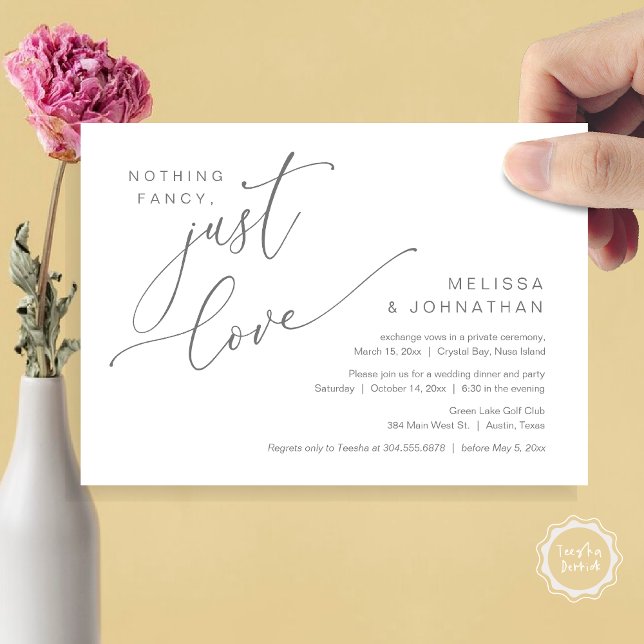 Invitation Rien De Chic, Juste Amour, Dîner Mariage Elopement (Nothing Fancy, Just Love, Wedding Elopement Dinner Invitation Card, PDF, in Dark Grey)