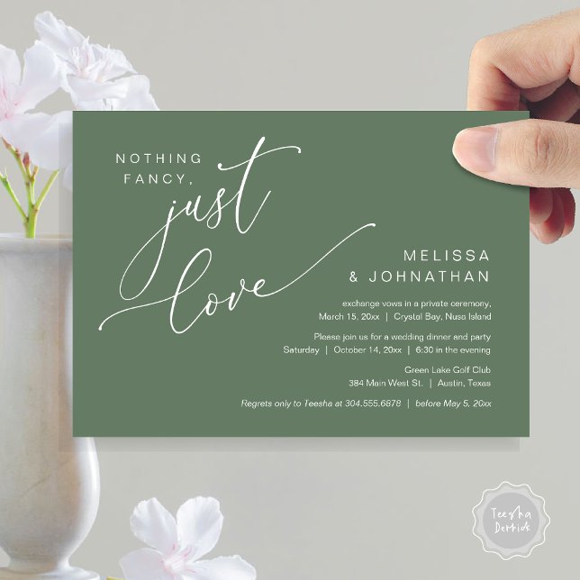 Invitation Rien De Chic, Juste Amour, Dîner Mariage Elopement (Nothing Fancy, Just Love, Wedding Elopement Dinner Invitation Card, PDF, in Sage Green)