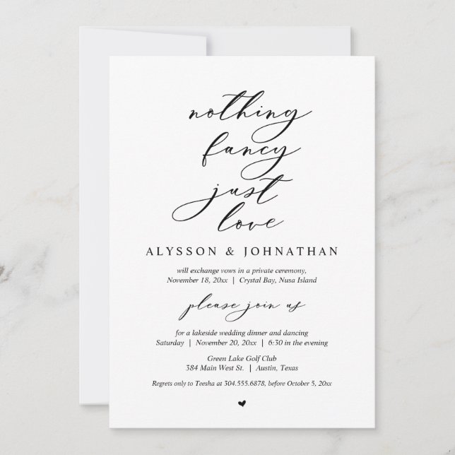 Invitation Rien De Chic, Juste Amour, Dîner Mariage Elopement (Devant)