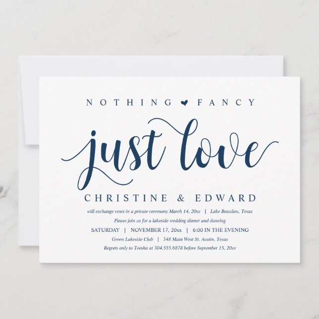 Invitation Rien De Chic, Juste Amour, Dîner Mariage Elopement (Devant)