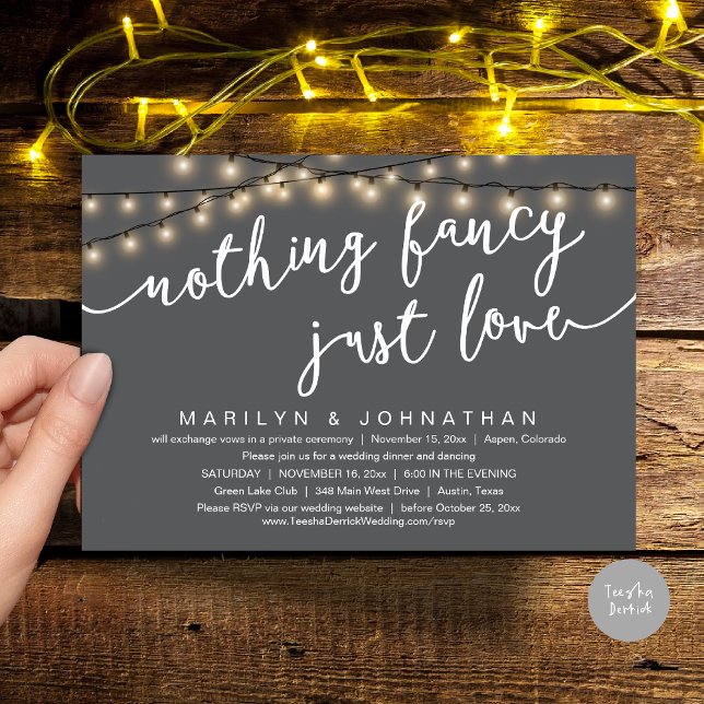 Invitation Rien De Chic, Juste Amour, Dîner Rustique Mariage (Nothing Fancy, Just Love, Rustic Cottage String Lights, Wedding Dinner Invites Card, PDF, Dark Grey)