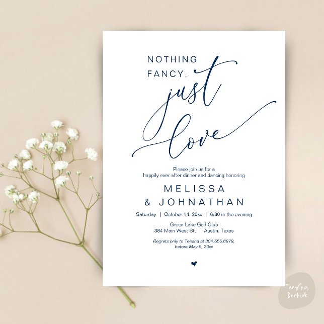 Invitation Rien De Chic, Juste De L'Amour, Dîner Mariage Dans (Nothing Fancy, Just Love, Romantic Wedding Dinner Dancing Invitation Card, PDF, in Navy Blue)
