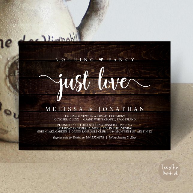 Invitation Rien De Fancy Just Love, Moderne Elopement Mariage (Nothing Fancy Just Love, Modern Rustic Wedding Elopement Dinner Invitation Card, PDF, Wood Graphic)
