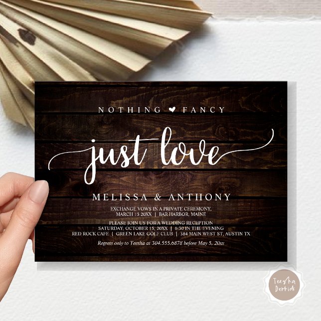 Invitation Rien De Fancy Juste Amour, Elopement, Mariage Rust (Nothing Fancy Just Love, Elopement, Rustic Script Wedding Invitation Card, in Dark Brown Wood)