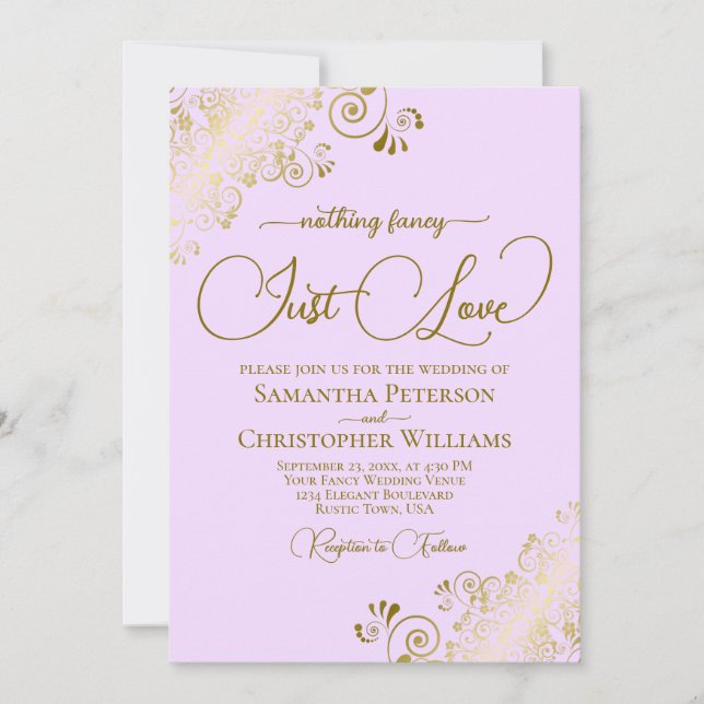 Invitation Rien de fantaisie Juste aimer Lilac & Gold Mariage (Devant)