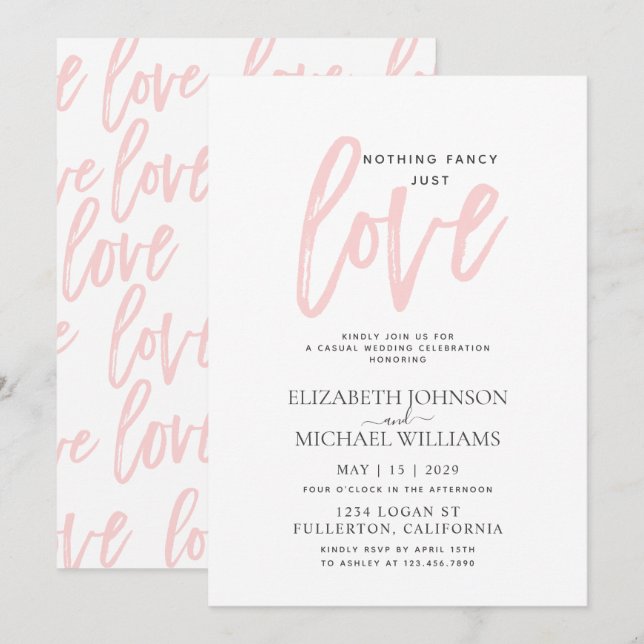 Invitation Rien de fantaisie, juste l'amour rose mariage déco (Devant / Derrière)