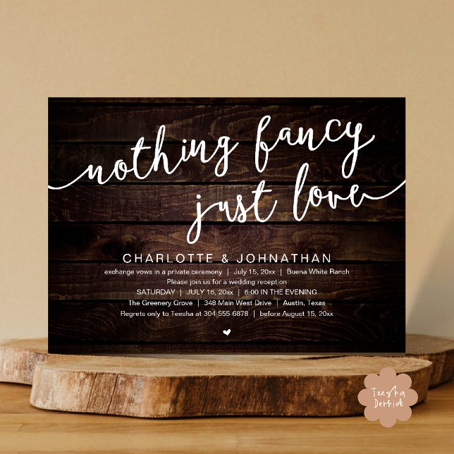 Invitation Rien De fantaisiste, Juste Amour, Mariage Elopemen (Nothing Fancy, Just Love, Wedding Elopement Dinner Lunch Brunch Party Invites Card  PDF Dark Wood)